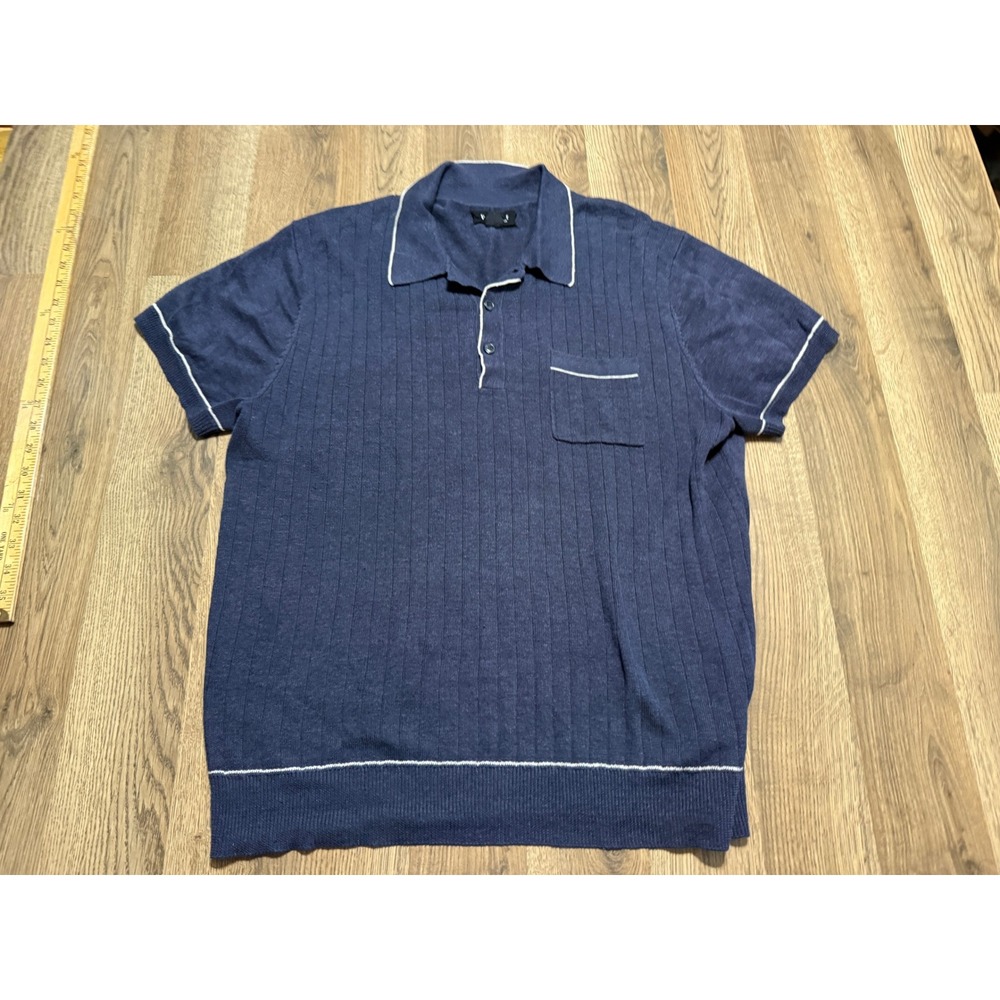 Velvet by Graham & Spencer Mens XL Blue Shirt Polo Linen Blend Ribbed Pocket